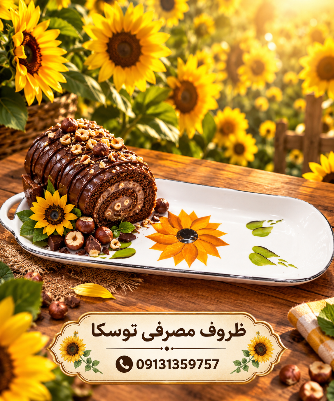 رولت خوری سرامیکی قایقی بدون دسته بزرگ گل افتاب گردون نقاشی 1 عددی