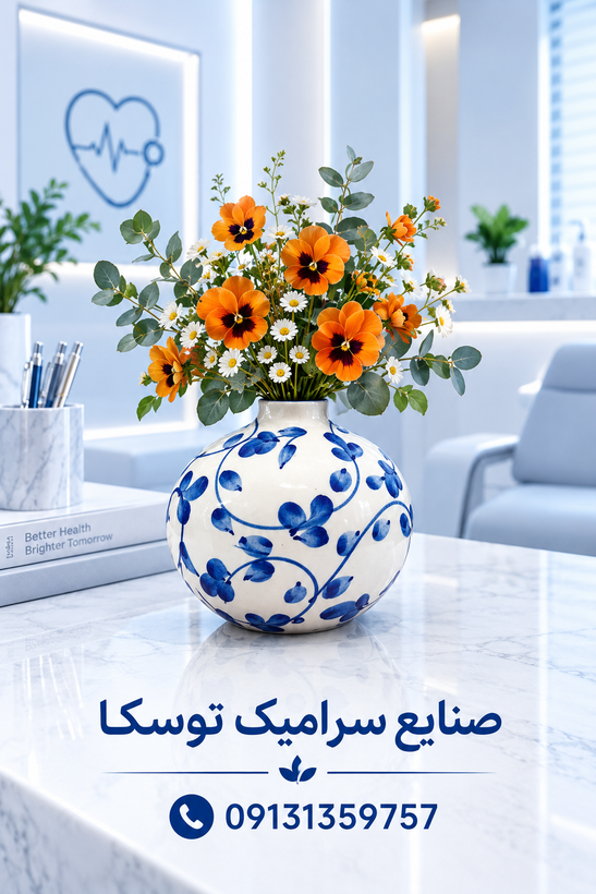 گلدان توپی سایز L سرامیکی گل ابی نقاشی 1 عددی