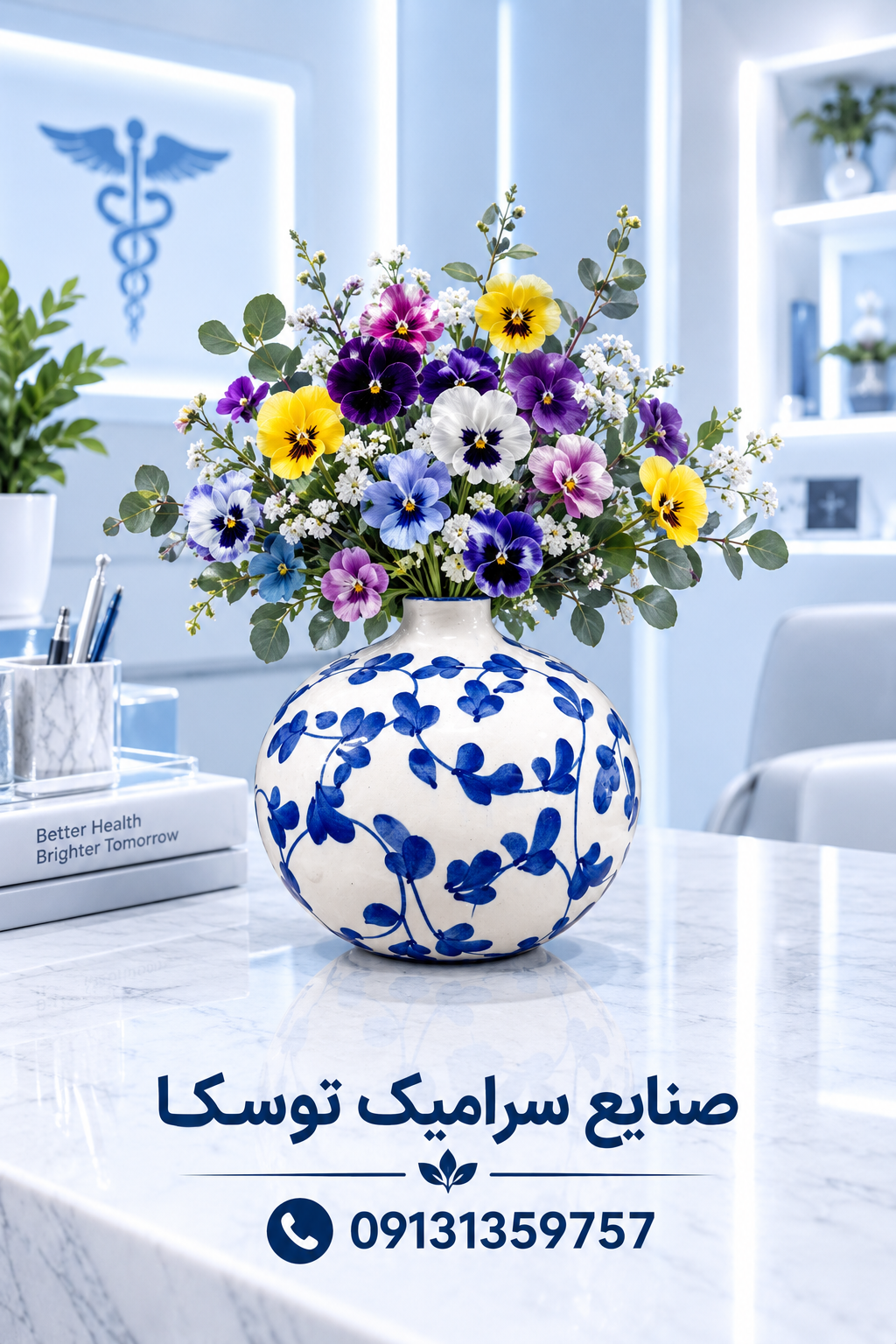 گلدان توپی سایز xl سرامیکی گل ابی نقاشی 1 عددی
