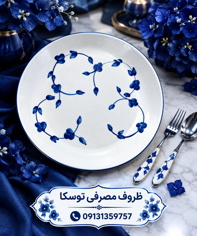 بشقاب برنج خوری تخت سرامیکی گل ابی نقاشی 3 عددی