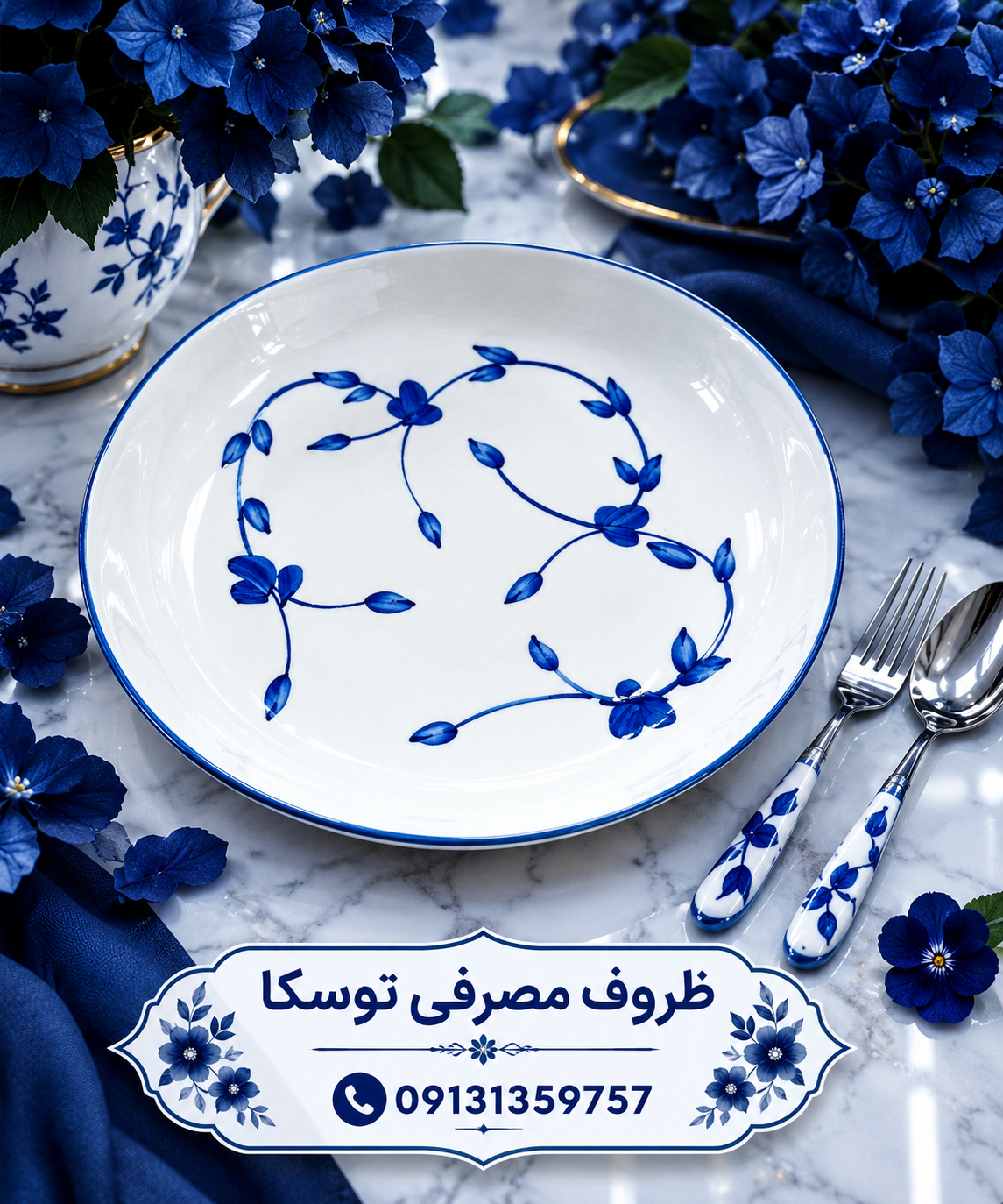 بشقاب خورش خوری گود سرامیکی گل ابی نقاشی 3 عددی