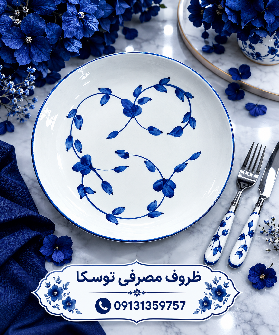 بشقاب پیشدستی میوه خوری سرامیکی گل ابی نقاشی 3 عددی