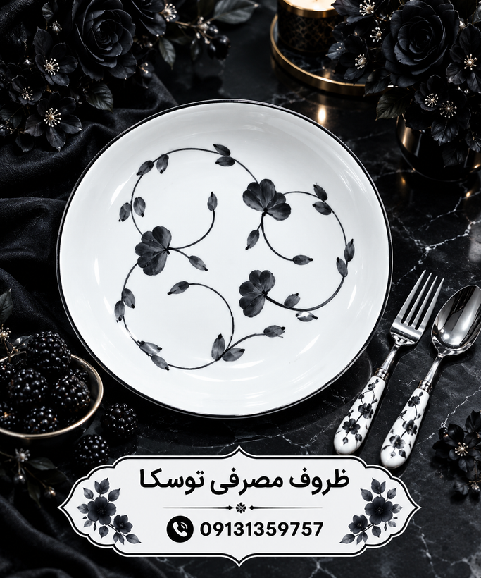 بشقاب خورش خوری گود سرامیکی گل مشکی پنبه ای نقاشی 3 عددی