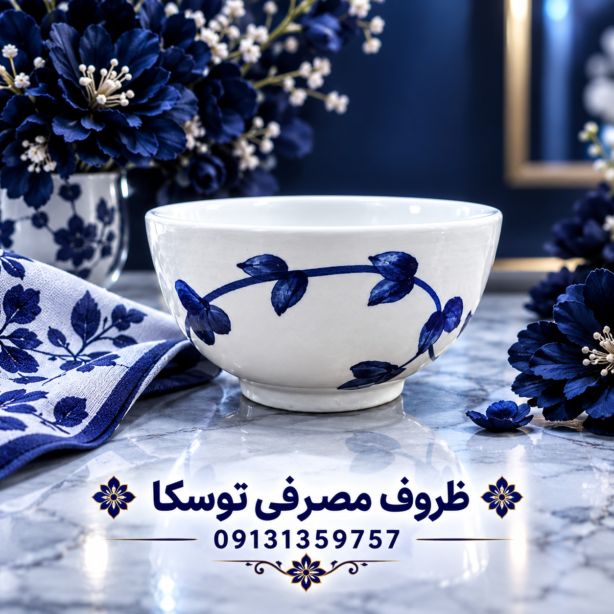 کاسه ماست خوری سرامیکی گل ابی نقاشی 3 عددی