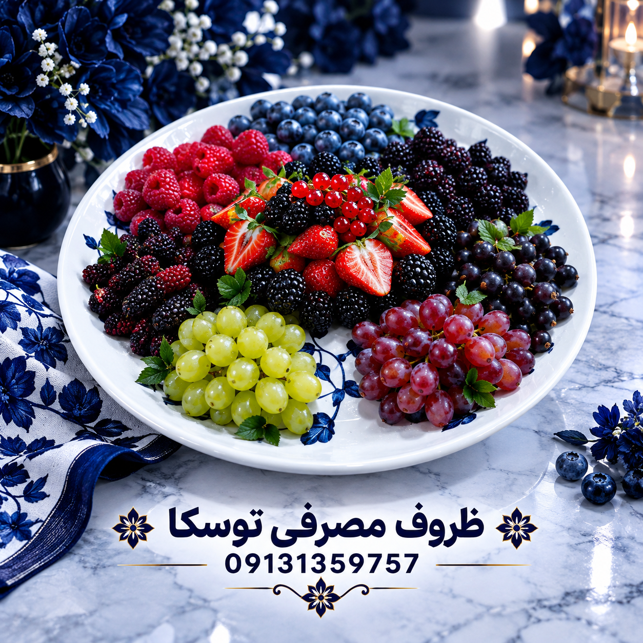 سینی یا دیس گرد ضخیم سرامیکی گل ابی نقاشی 1 عددی