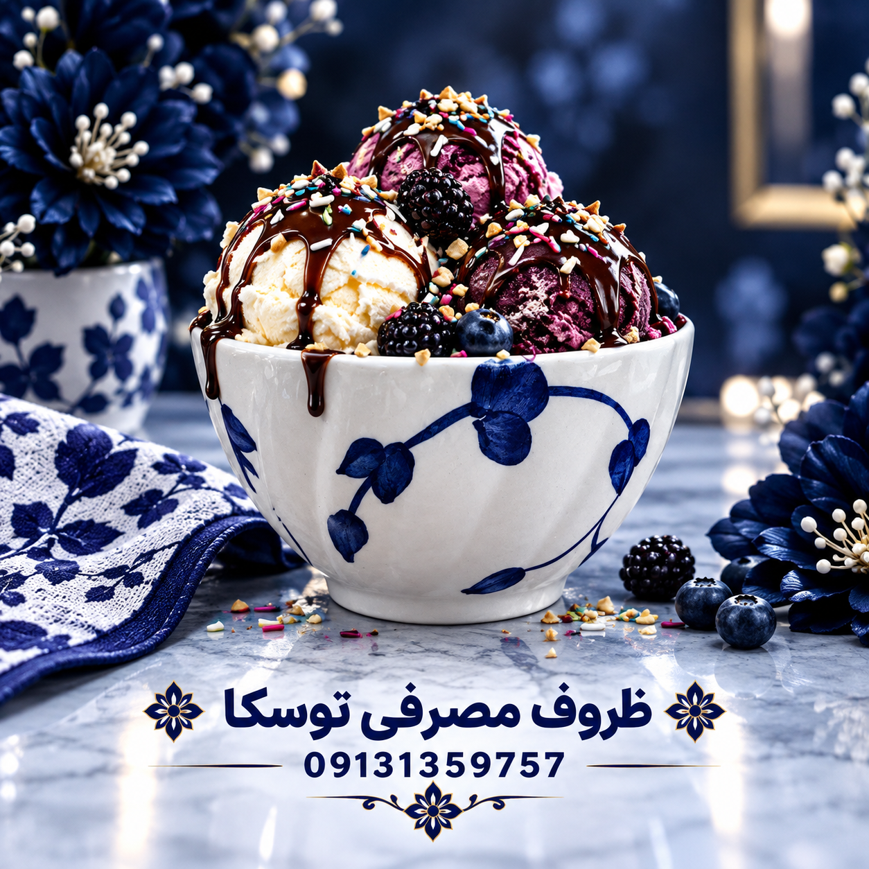کاسه بستنی خوری متوسط سرامیکی شیاردار گل ابی نقاشی 3 عددی