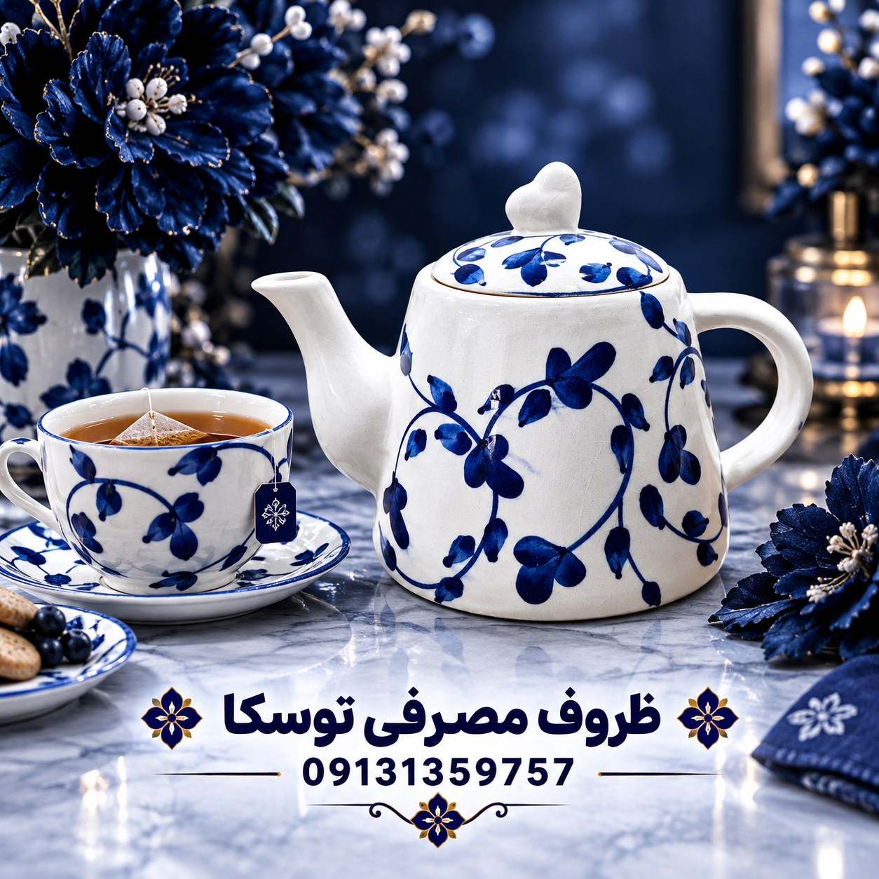 قوری هرمی سرامیکی گل ابی نقاشی 1 عددی