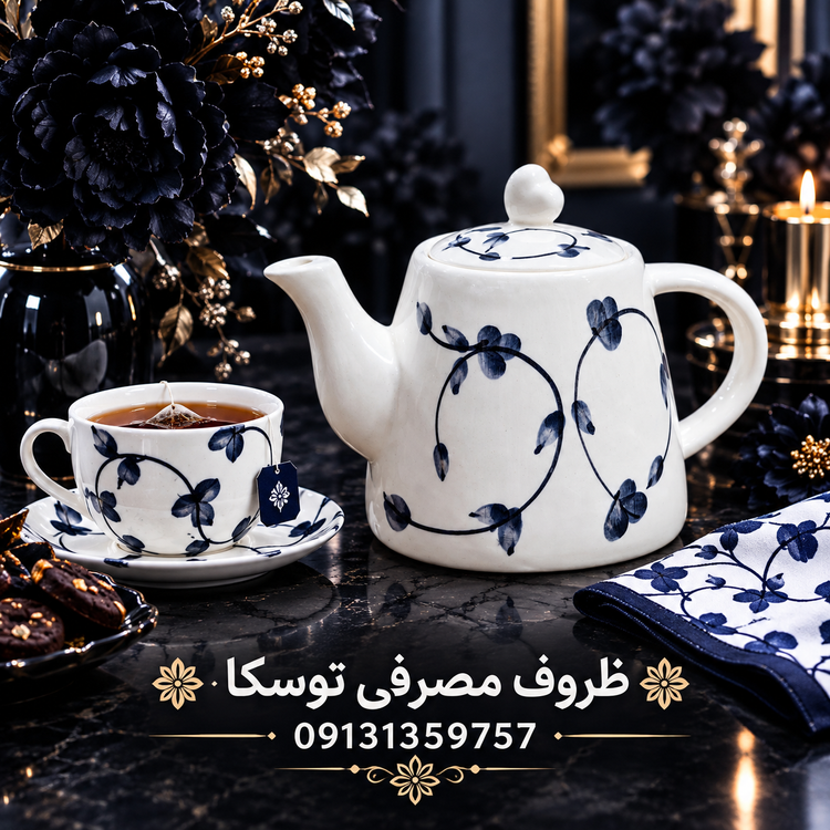 قوری هرمی سرامیکی گل پنبه مشکی نقاشی 1 عددی