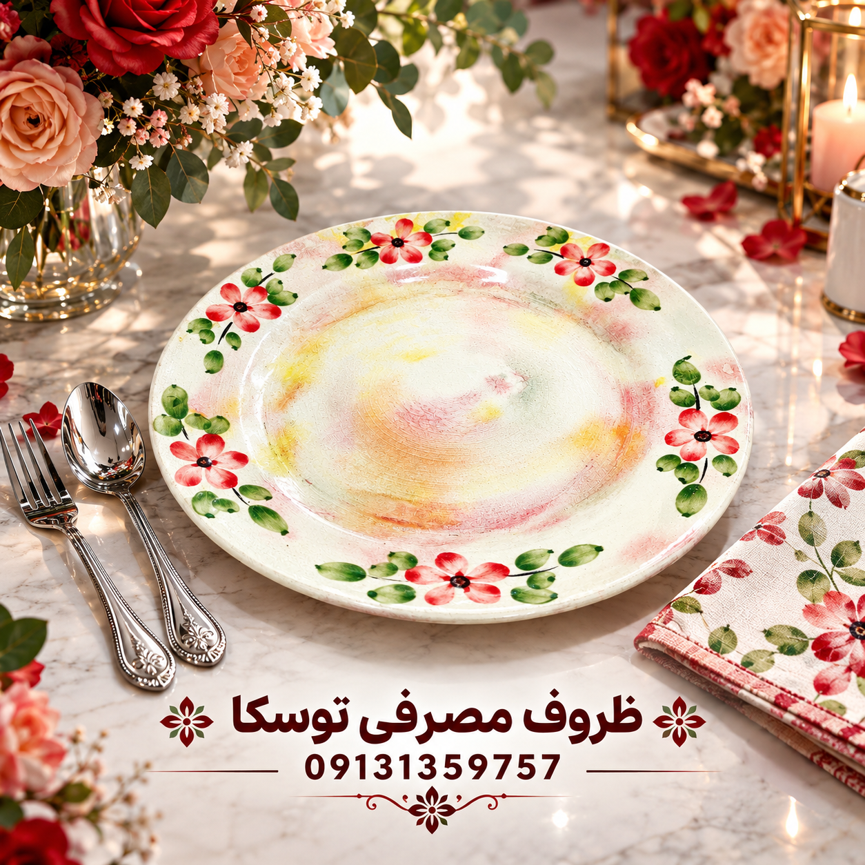 بشقاب برنج خوری تخت سفالی گل قرمز زمینه کرمی ابروبادی نقاشی 3 عددی
