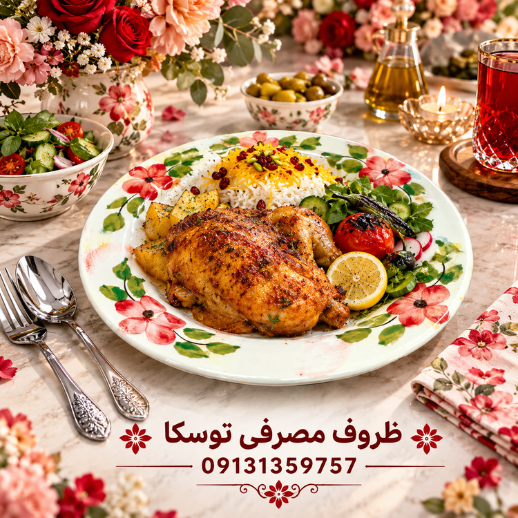 بشقاب برنج خوری تخت سفالی گل قرمز زمینه کرمی ابروبادی نقاشی 3 عددی