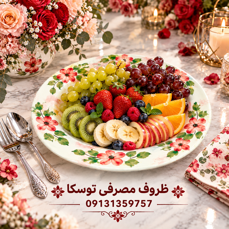 بشقاب پیشدستی میوه خوری سفالی گل قرمز زمینه کرمی ابروبادی نقاشی 3 عددی