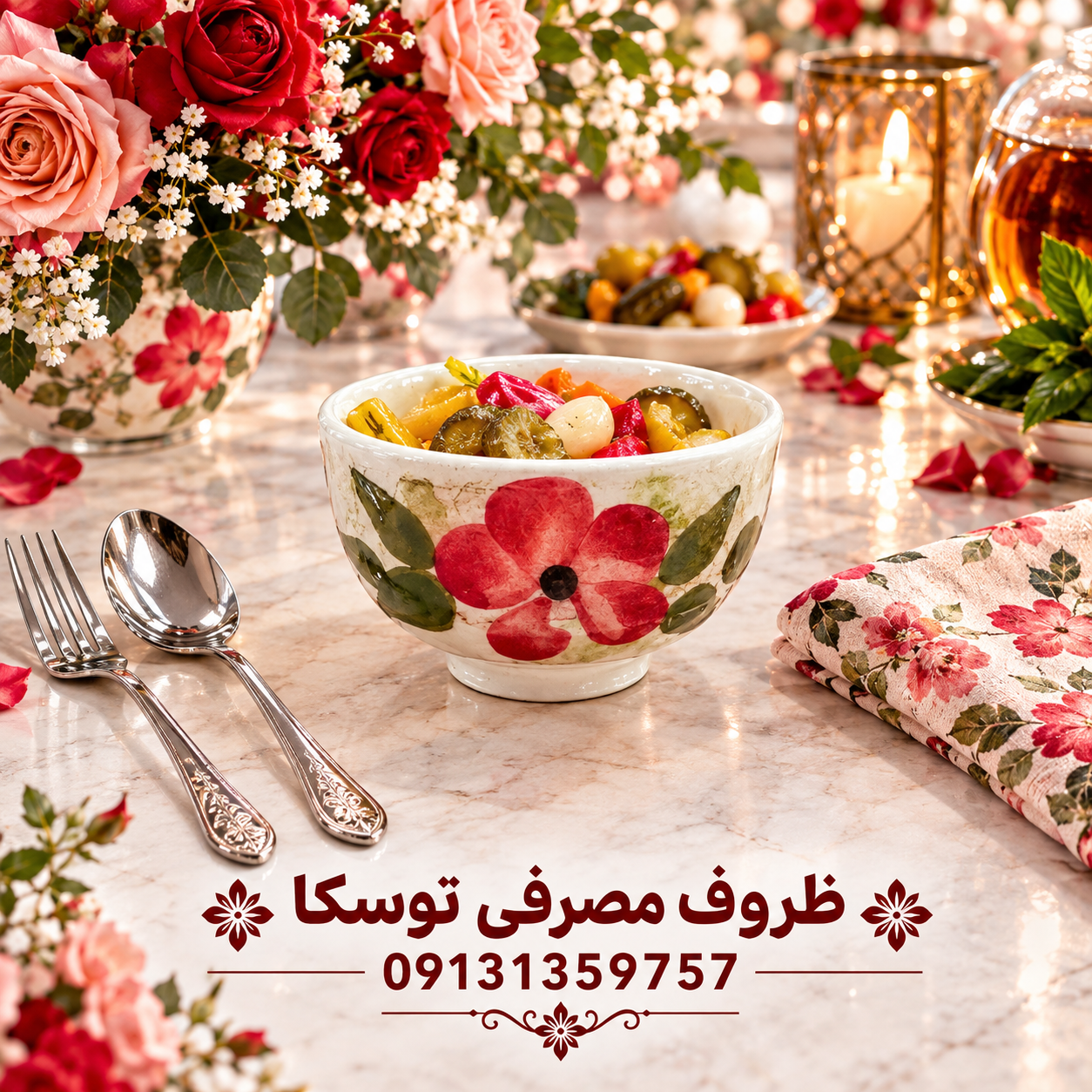 کاسه ترشی خوری سفالی گل قرمز زمینه کرمی ابروبادی نقاشی 3 عددی