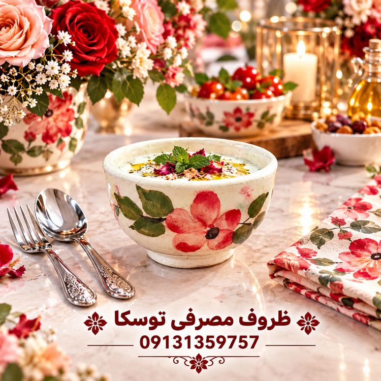 کاسه ماست خوری سفالی گل قرمز زمینه کرمی ابروبادی نقاشی 3 عددی