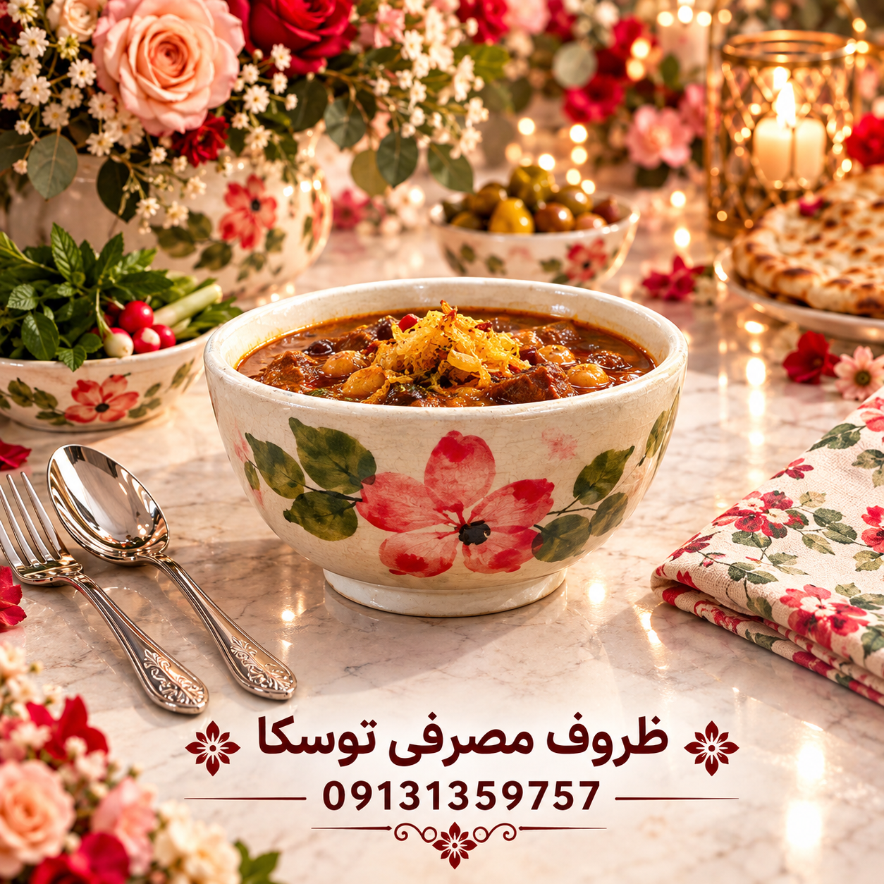 کاسه ابگوشت خوری سفالی گل قرمز زمینه کرمی ابروبادی نقاشی 3 عددی