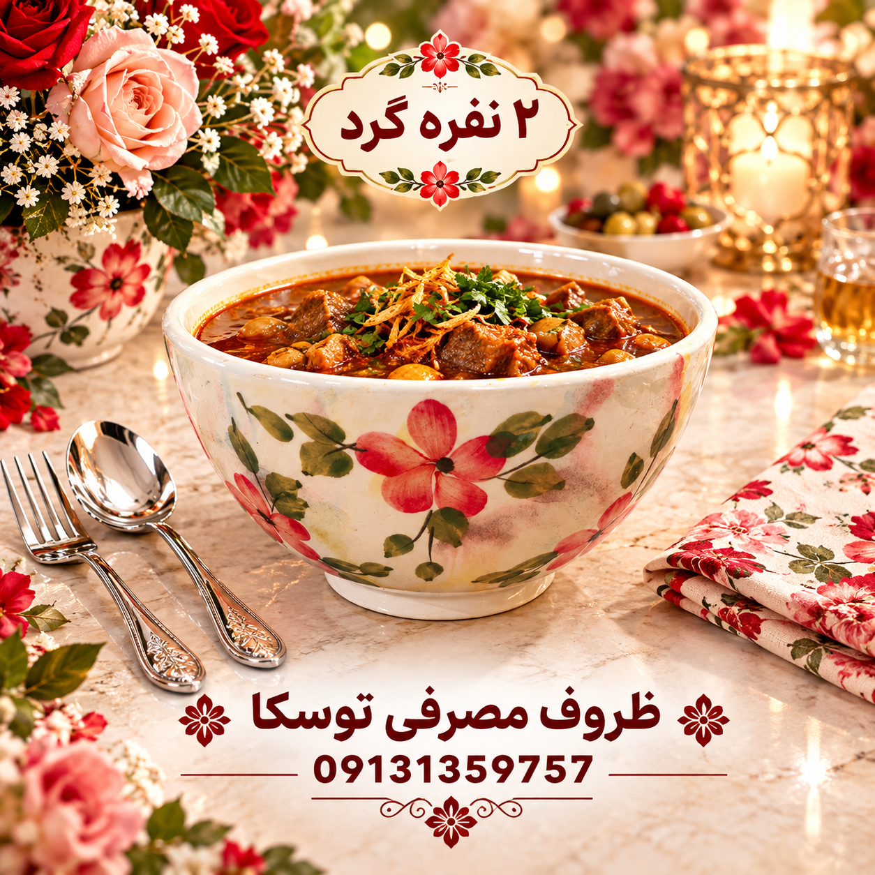 کاسه ابگوشت خوری 2 نفره سفالی گل قرمز زمینه کرمی ابروبادی نقاشی 3 عددی