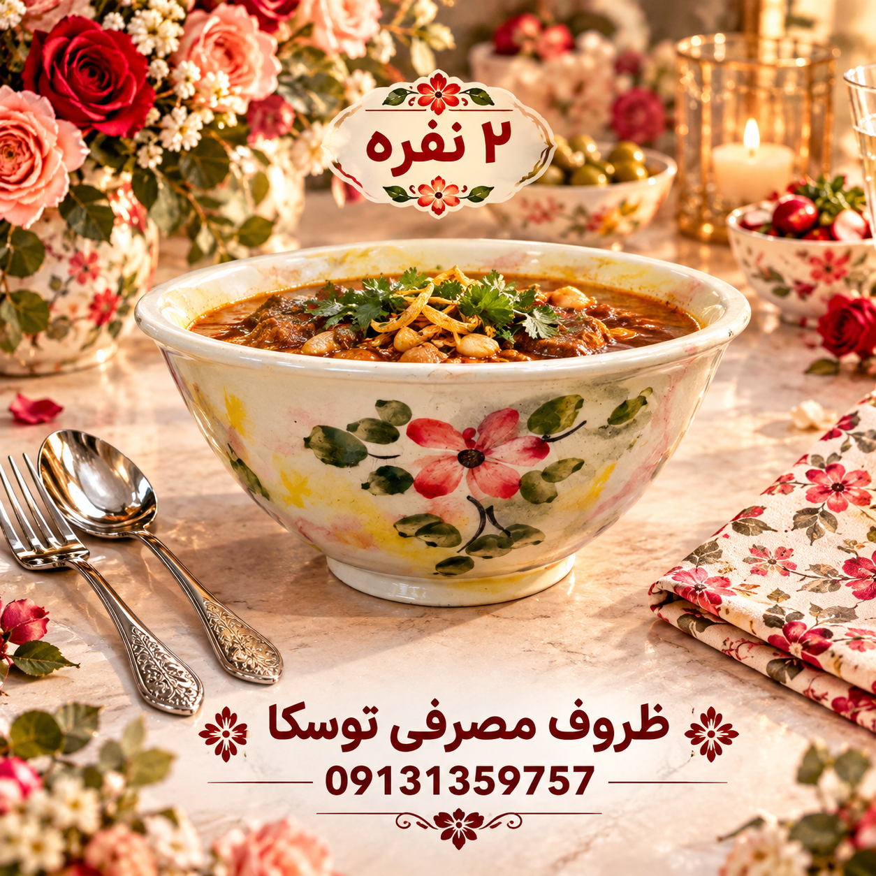 کاسه ابگوشت خوری 2 نفره مخروطی سفالی گل قرمز زمینه کرمی ابروبادی نقاشی 2 عددی