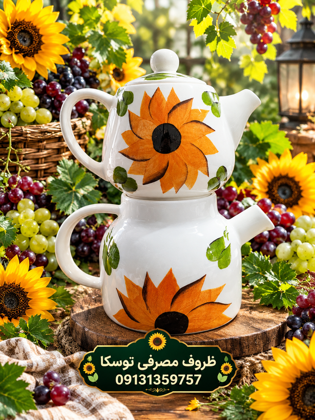 قوری خمره ای متوسط و کتری سرامیکی طرح گل افتاب گردان نقاشی