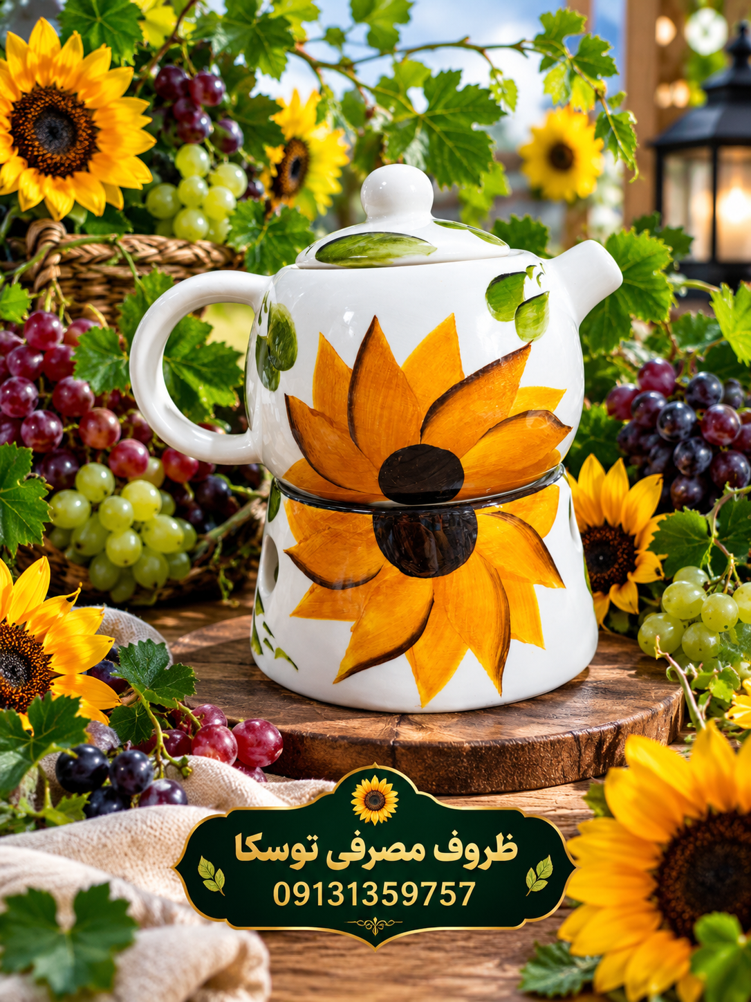 قوری کوچک مینیمال و وارمر سرامیکی طرح گل افتاب گردان نقاشی