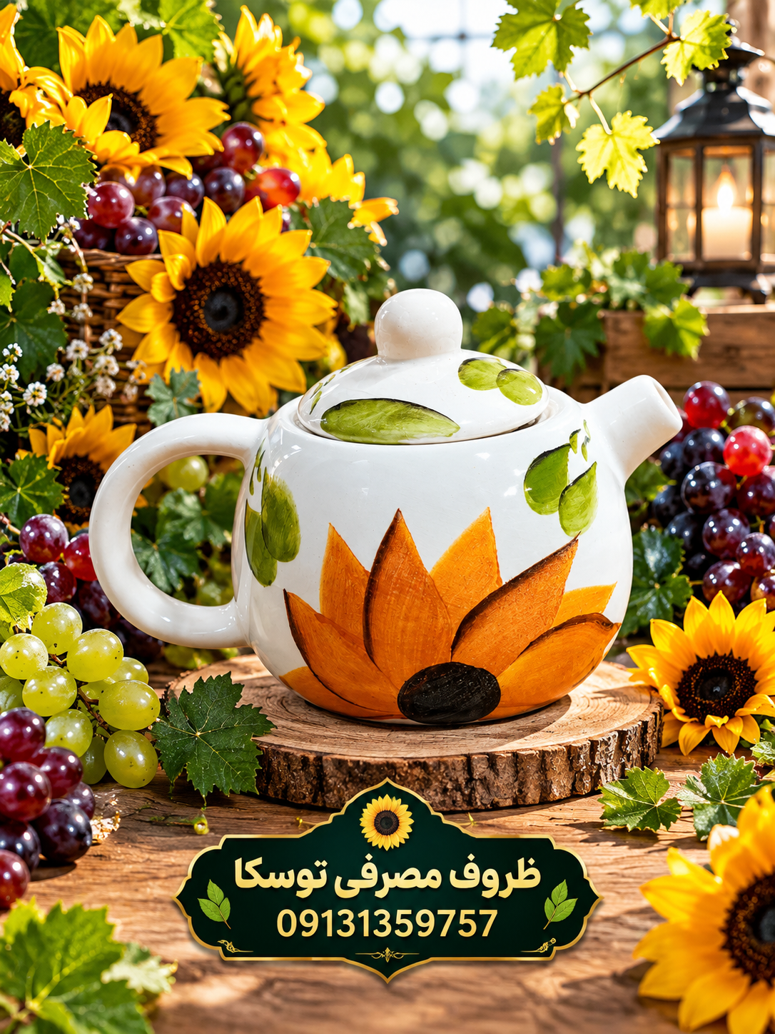 قوری کوچک سرامیکی طرح گل افتاب گردان نقاشی مینیمال