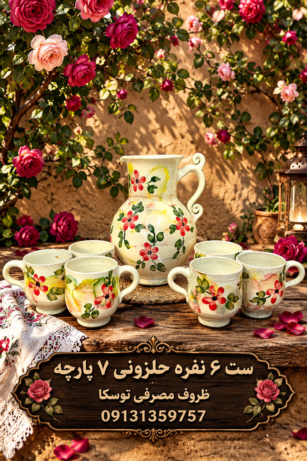 ست پارچ و لیوان سفالی 6 نفره مدل حلزونی گل قرمز زمینه کرمی ابروبادی نقاشی