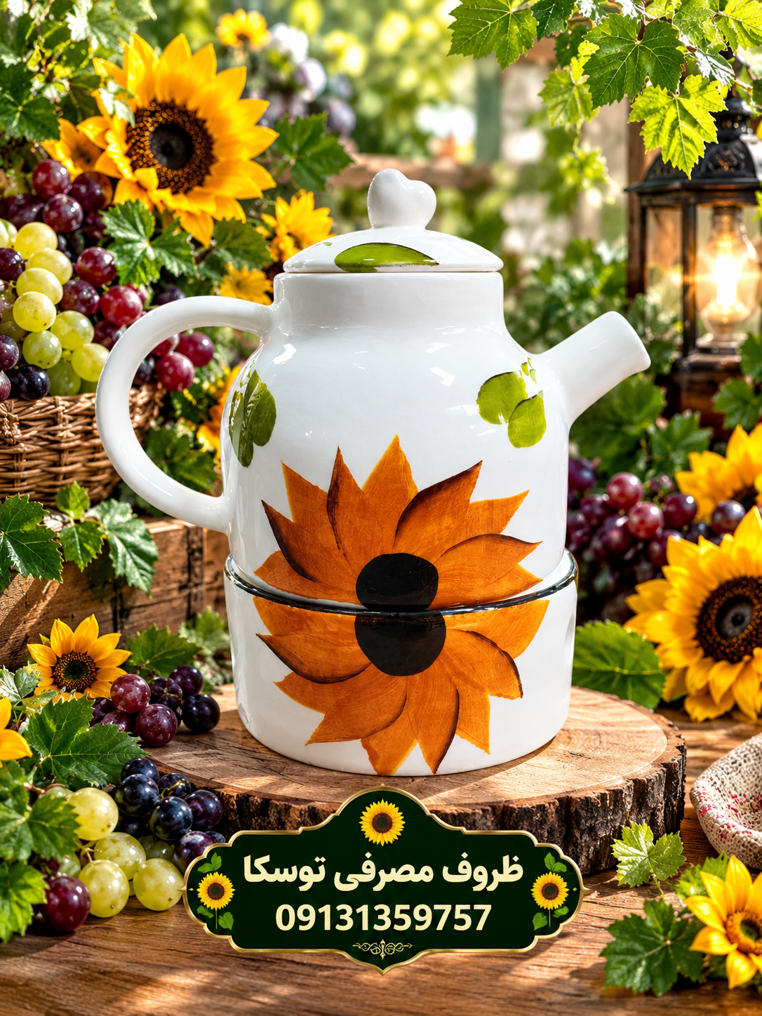 قوری کف پهن گلابی و وارمر سرامیکی گل افتاب گردون نقاشی 1 عددی