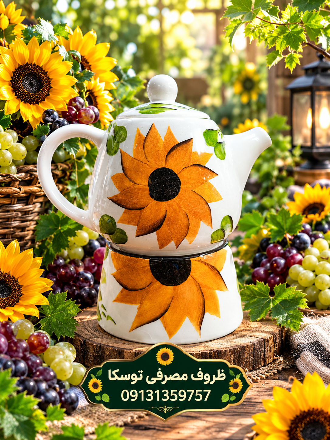 قوری خمره ای متوسط و وارمر سرامیکی طرح گل افتاب گردان نقاشی