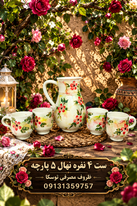 ست پارچ و لیوان سفالی 4 نفره مدل نهال گل قرمز زمینه کرمی ابروبادی نقاشی
