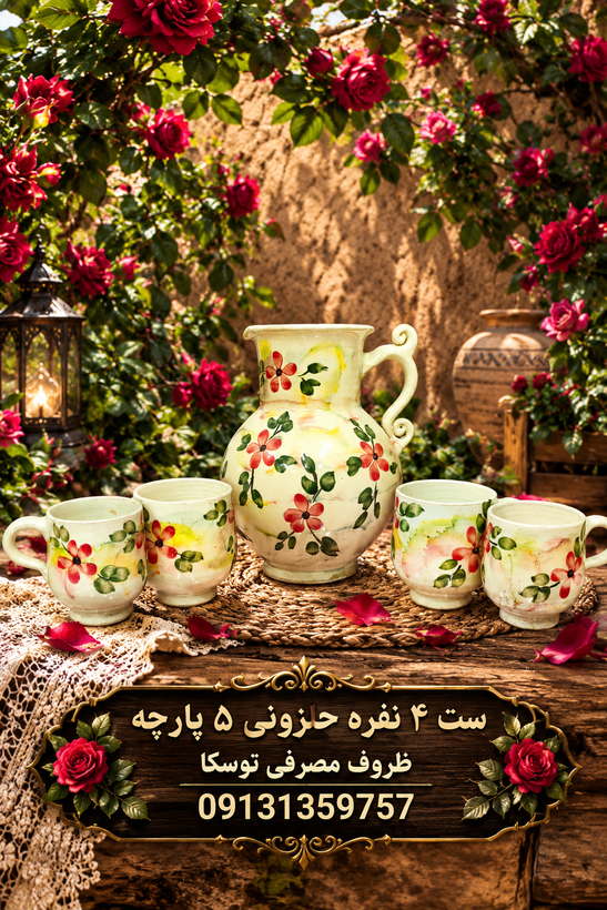 ست پارچ و لیوان سفالی 4 نفره مدل حلزونی گل قرمز زمینه کرمی ابروبادی نقاشی