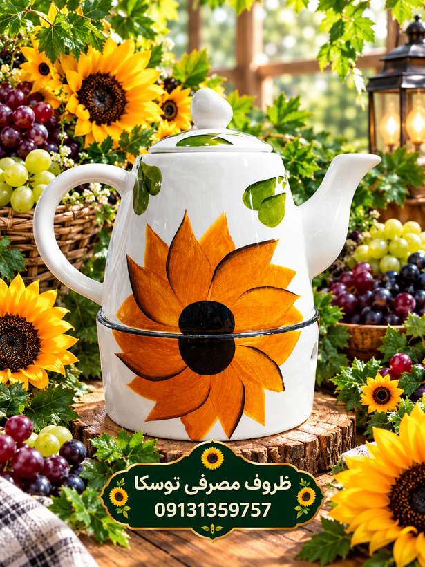 قوری هرمی با وارمر سرامیکی گل افتاب گردون نقاشی 1 عددی