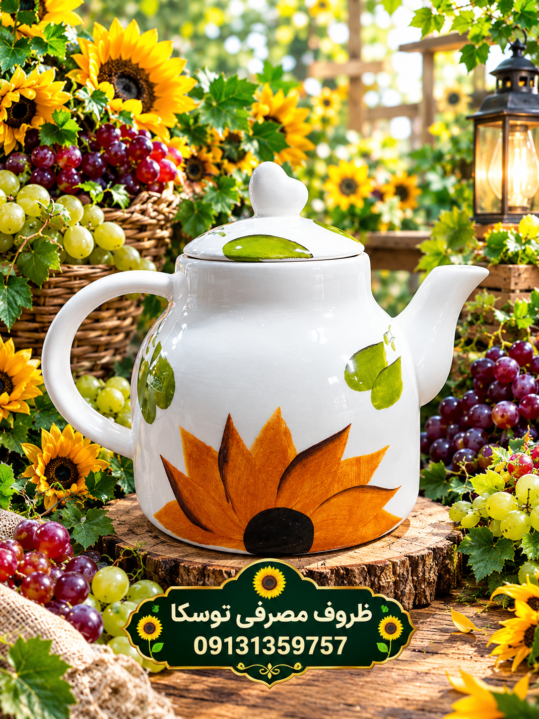 قوری کف پهن گلابی سرامیکی گل افتاب گردون نقاشی 1 عددی
