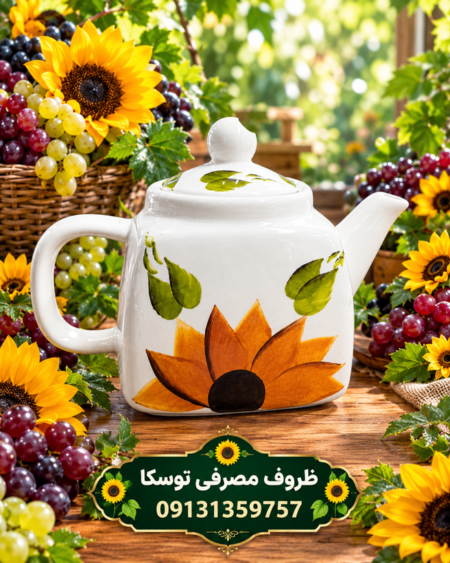 قوری مربع سرامیکی گل افتاب گردون نقاشی 1 عددی