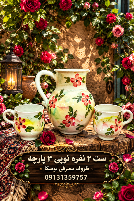 ست پارچ و لیوان سفالی 2 نفره مدل توپی کوچک گل قرمز زمینه کرمی ابروبادی نقاشی