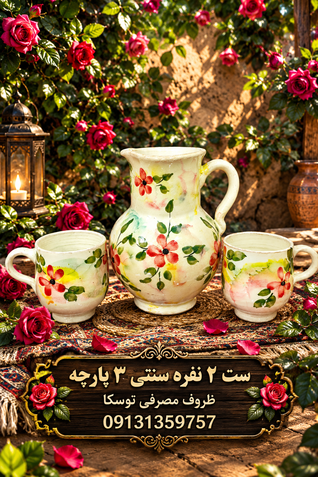 ست پارچ و لیوان سفالی 2 نفره مدل سنتی کوچک گل قرمز زمینه کرمی ابروبادی نقاشی