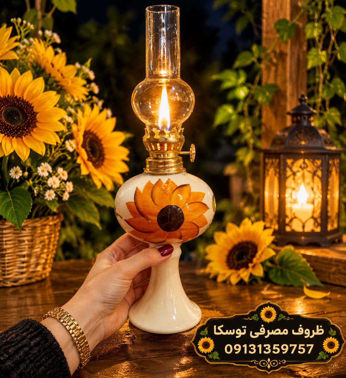 فانوس گرد تک پایه سرامیکی گل افتاب گردون نقاشی 1 عددی