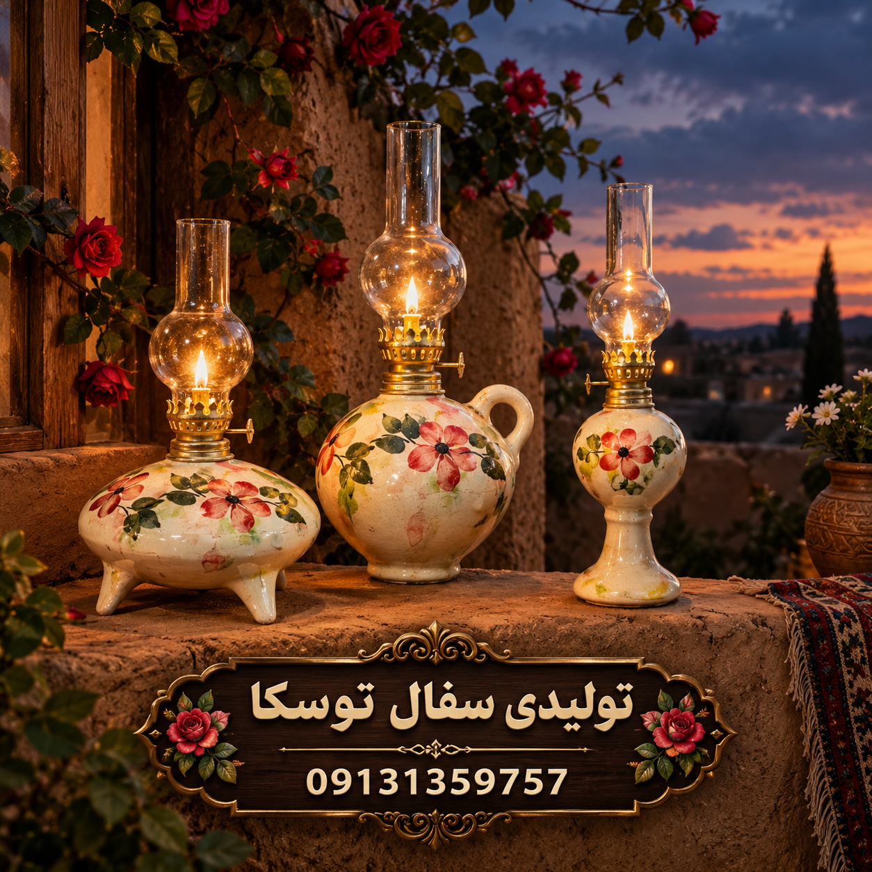 فانوس گرد بدون پایه سفالی گل قرمز زمینه کرمی ابروبادی نقاشی 1 عددی