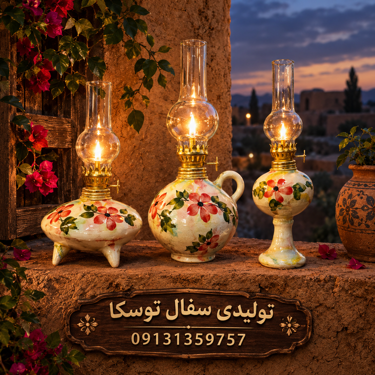فانوس گرد بدون پایه سفالی گل قرمز زمینه کرمی ابروبادی نقاشی 1 عددی