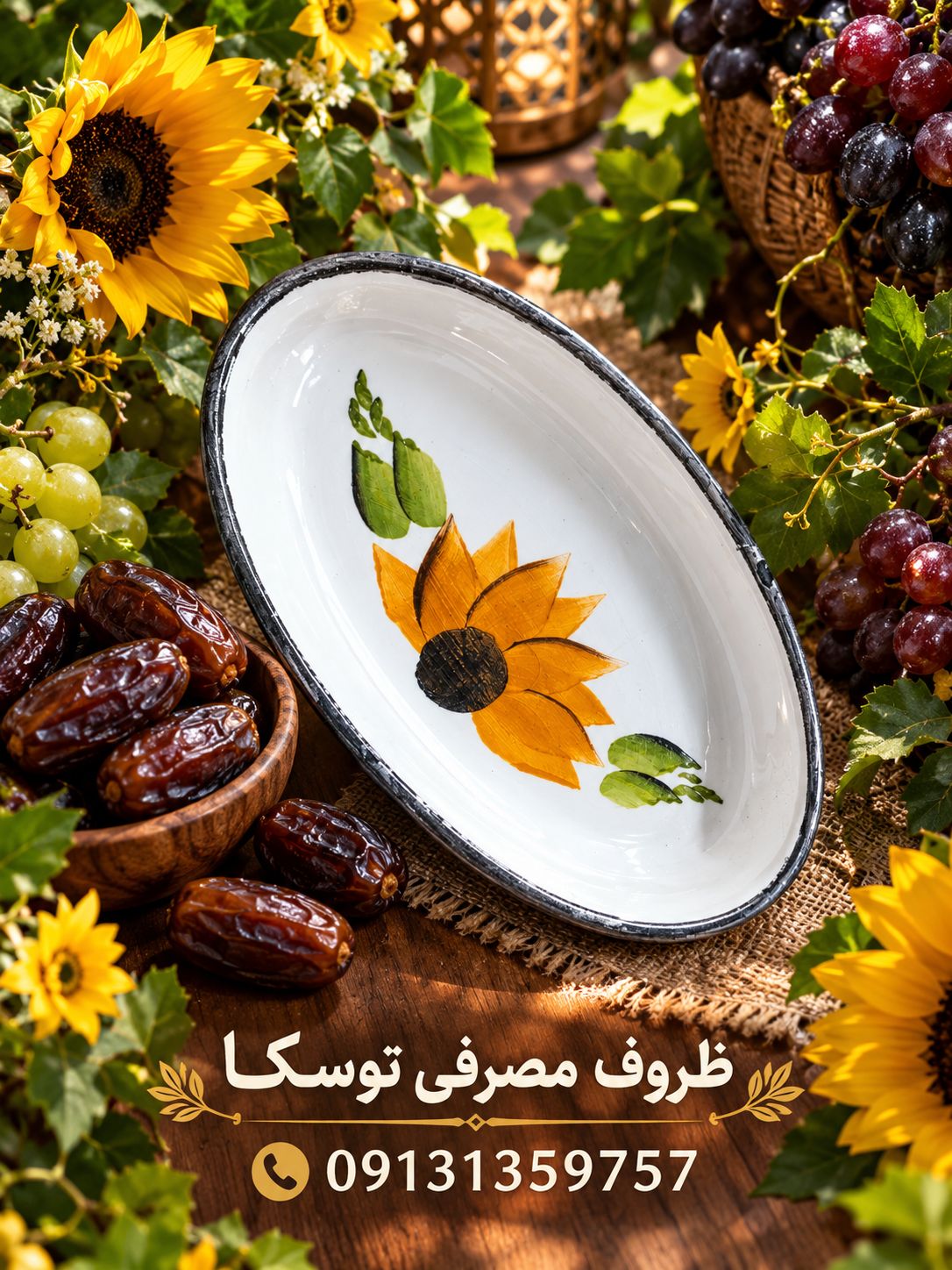 خرماخوری بیضی سرامیکی طرح گل افتاب گردان نقاشی مینیمال 1 عددی