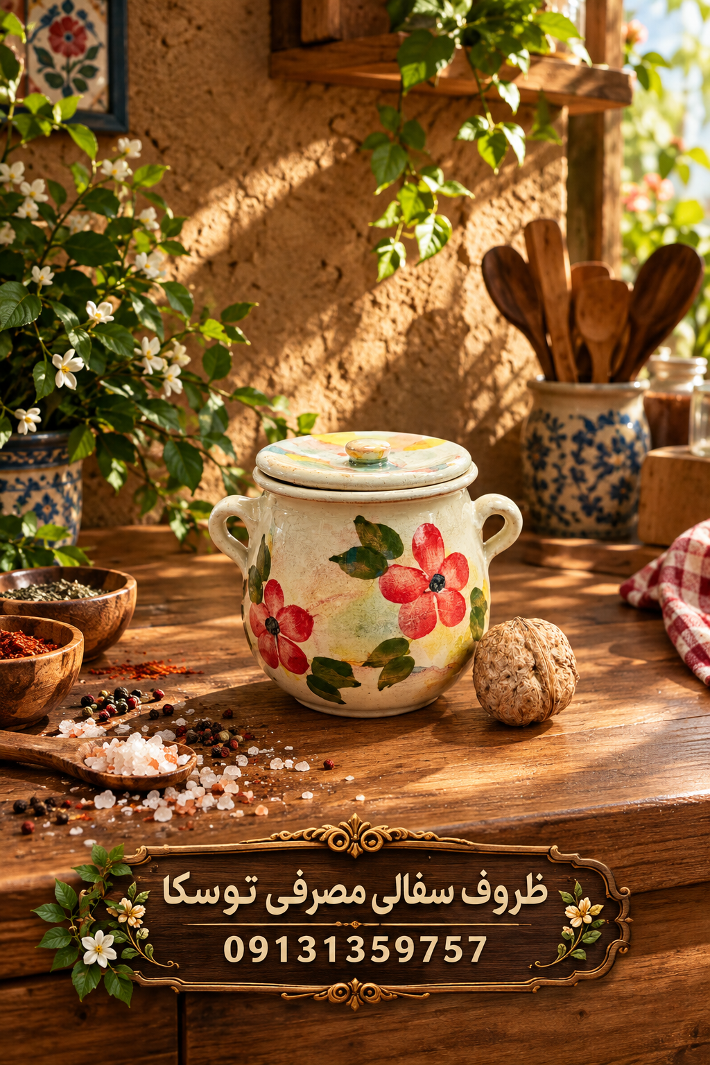 دیزی بچه سفالی گلدار سایز ادویه گل قرمز زمینه کرم ابروبادی نقاشی 1 عددی