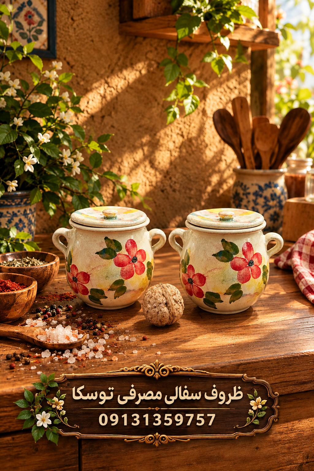 دیزی بچه سفالی گلدار سایز ادویه گل قرمز زمینه کرم ابروبادی نقاشی 2 عددی