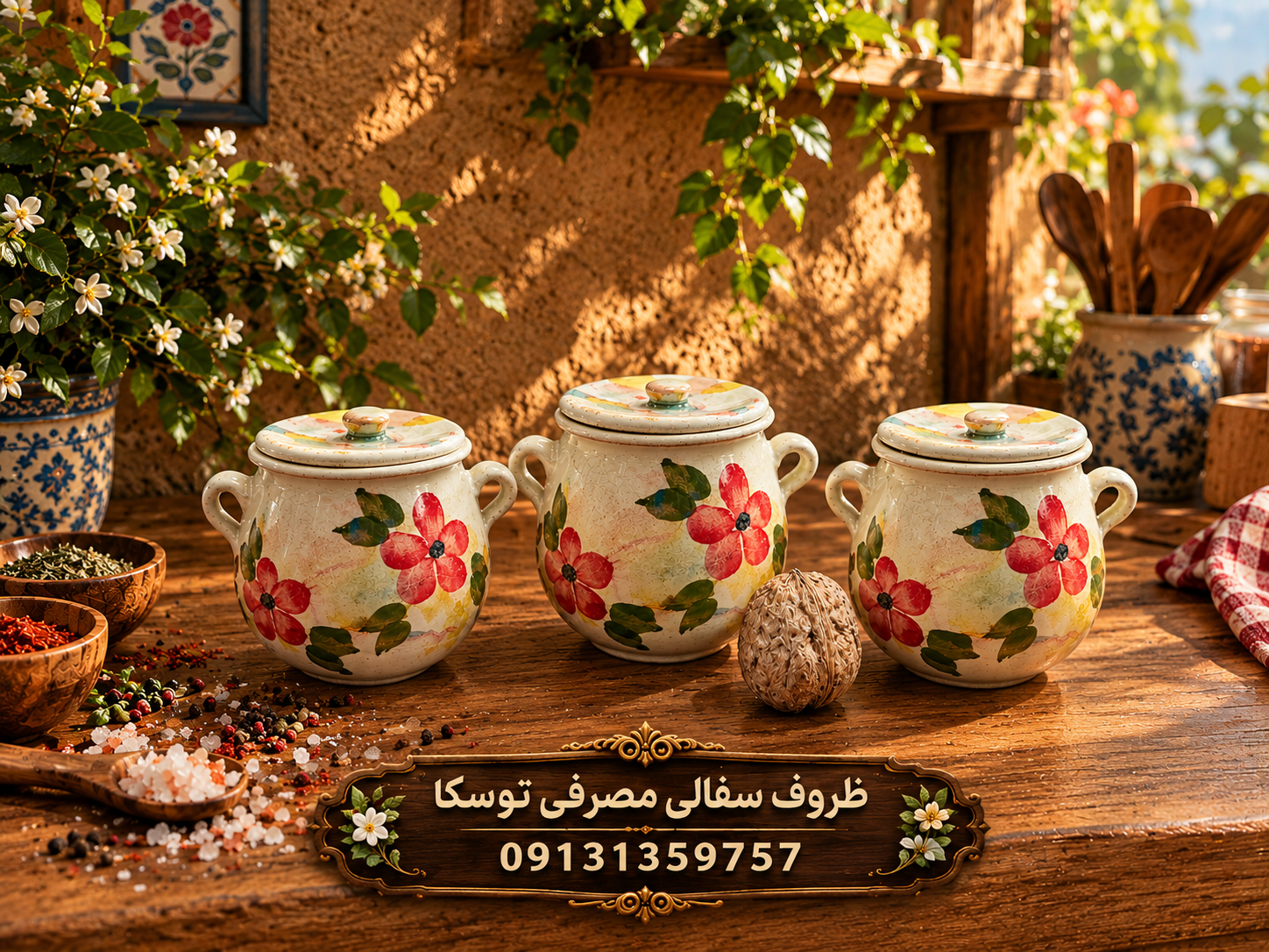 دیزی بچه سفالی گلدار سایز ادویه گل قرمز زمینه کرم ابروبادی نقاشی 3 عددی