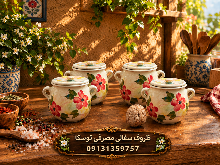 دیزی بچه سفالی گلدار سایز ادویه گل قرمز زمینه کرم ابروبادی نقاشی 4 عددی