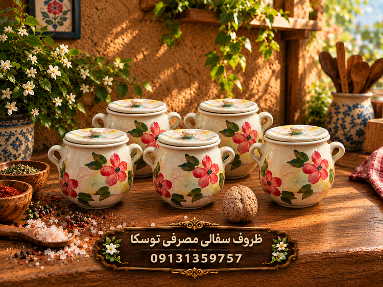 دیزی بچه سفالی گلدار سایز ادویه گل قرمز زمینه کرم ابروبادی نقاشی 5 عددی